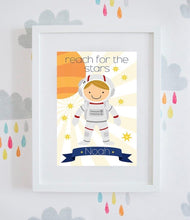 Load image into Gallery viewer, Personalised ‘Reach For The Stars’ Astronaut Print (Boy &amp; Girl available)
