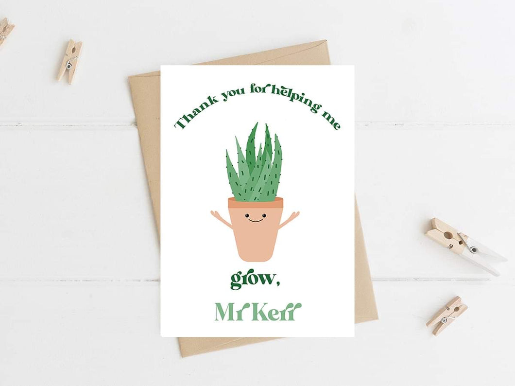 Cute Potted Plant Thank Personalised Teacher Card