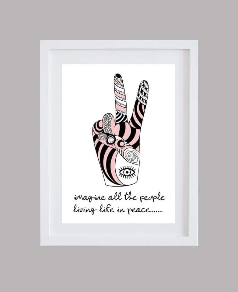 John Lennon Imagine quote  ‘Peace’ Hand Print in dusky pink