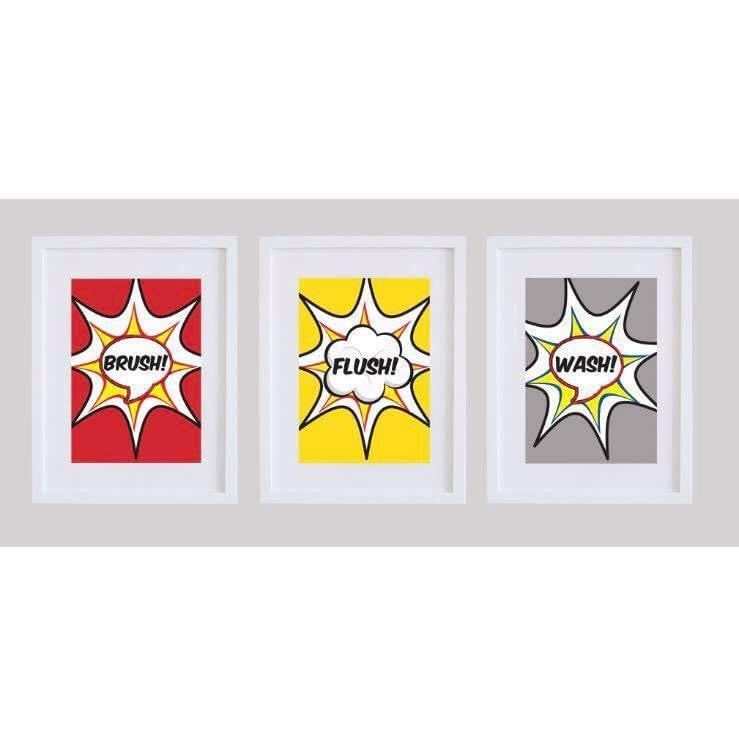 Pop Art Style ‘Wash, Brush, Flush’  Bathroom Triptych (Set of 3)