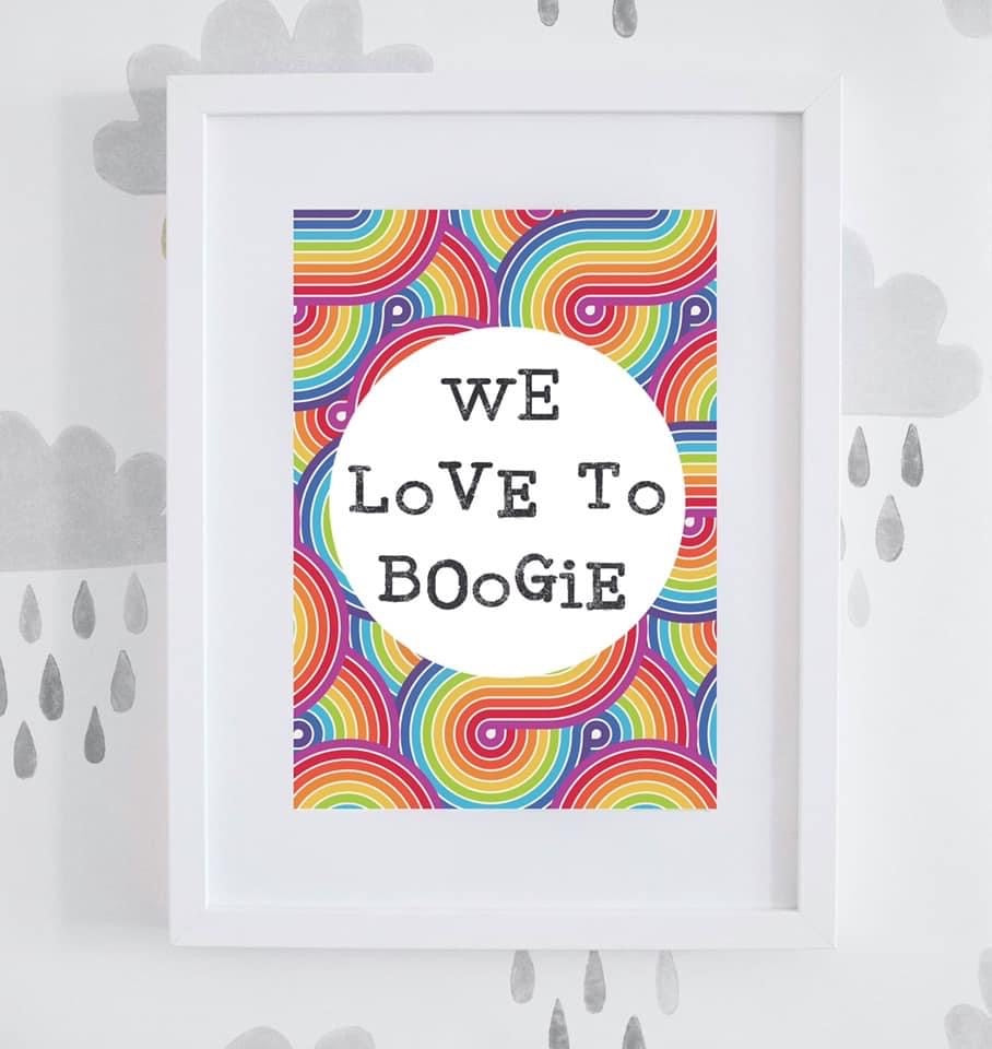 Groovy Rainbow ‘We Love To Boogie’ T Rex Music Quote Wall Art