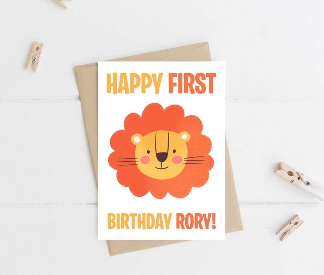 Personalised Little Lion Face First Birthday Card