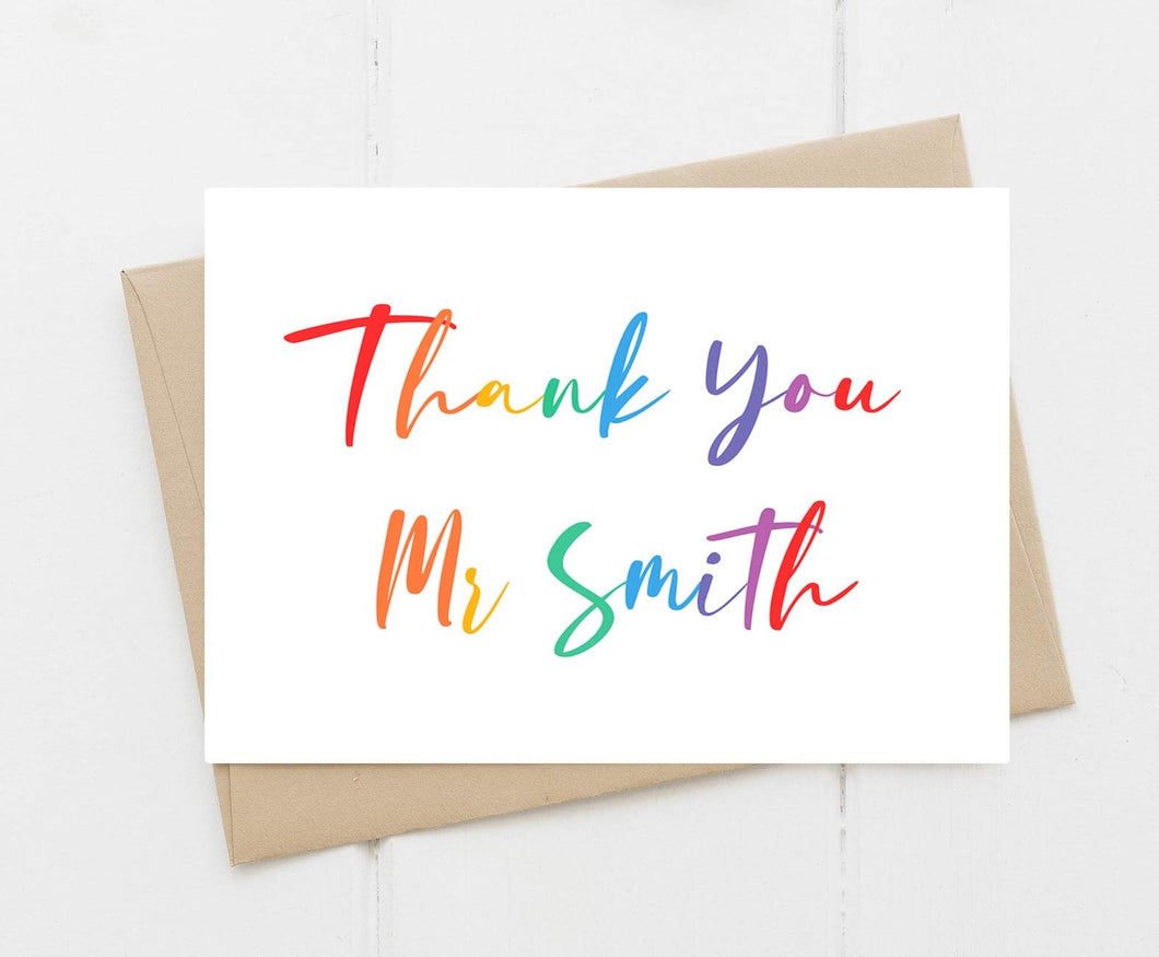 Simple Rainbow Lettering Personalised Thank You Teacher Card