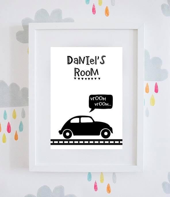 Personalised Monochrome ‘Vroom Vroom’ Car Wall Art