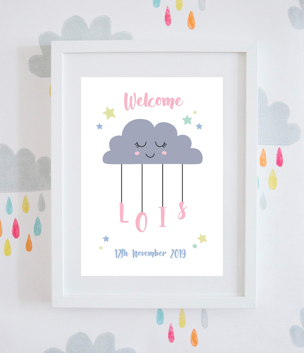 Personalised New Baby Name & Date of Birth Cloud Wall Art