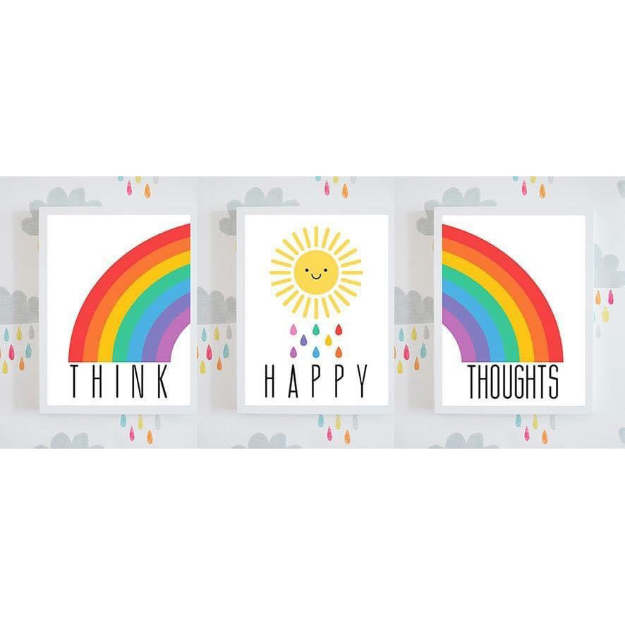 ‘Think Happy Thoughts’ Triptych (set of 3) Rainbow & Sunshine Wall Art