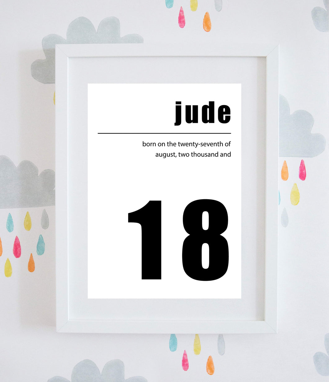 Bold Monochrome Name & Date of Birth Monochrome Wall Art