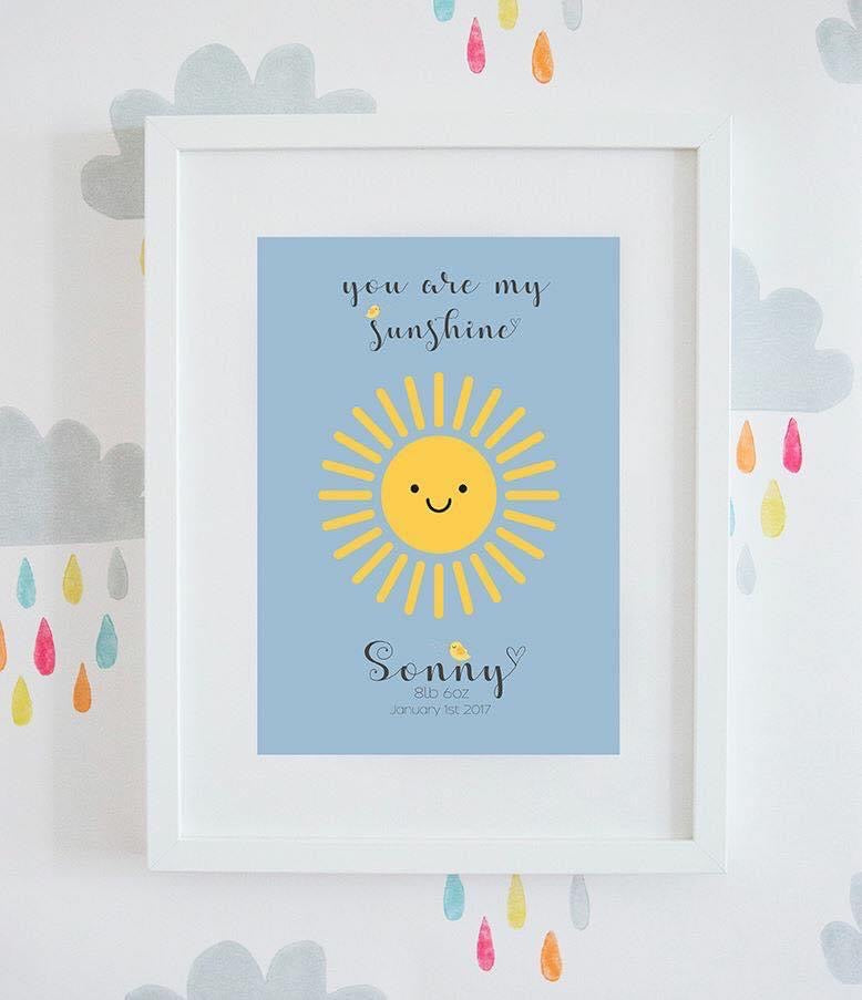 Personalised Name & Date Of Birth New Baby Gift ‘You Are My Sunshine’ Wall Art