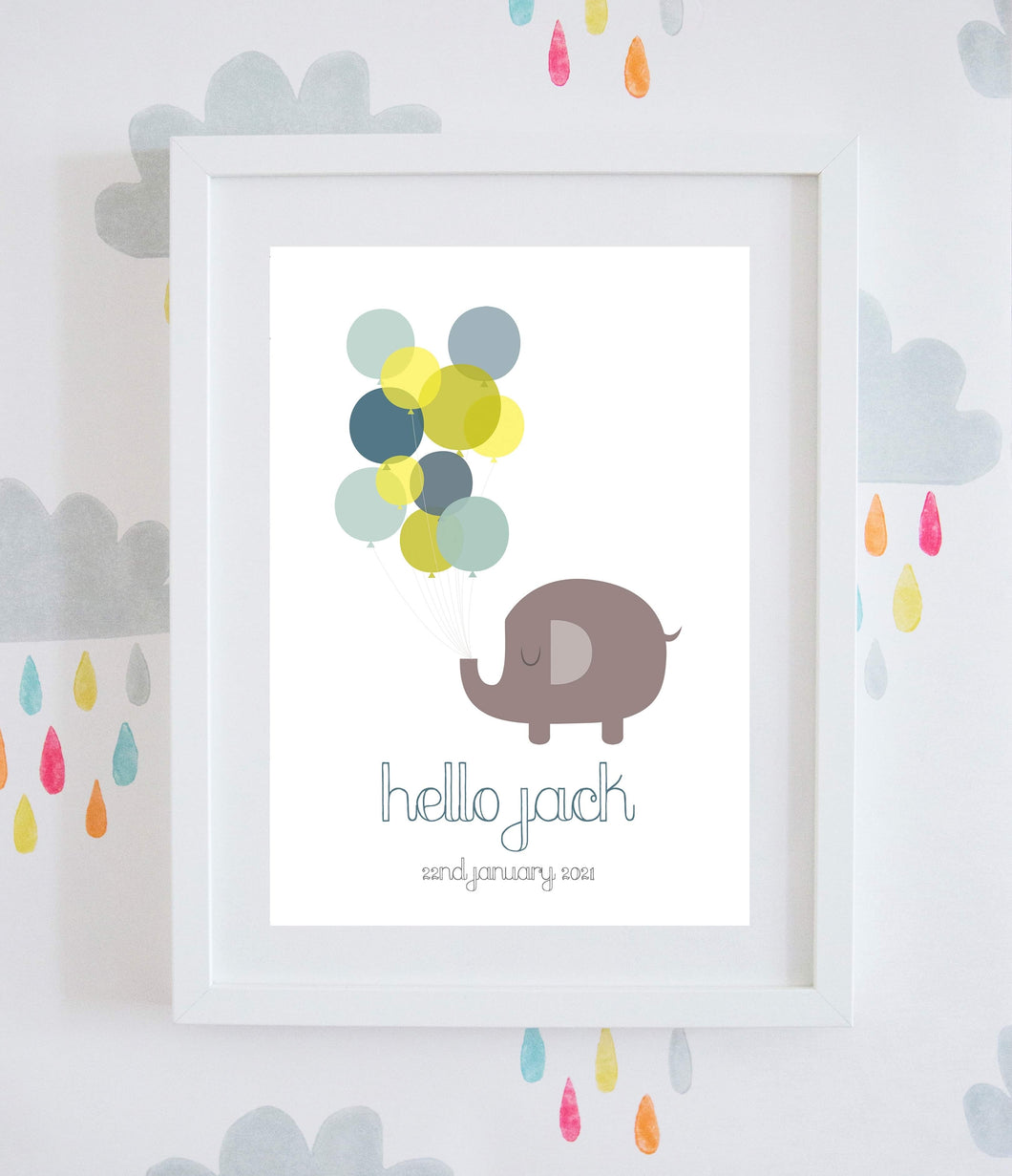 Personalised New Baby Elephant Wall Art (2 Colours Available)