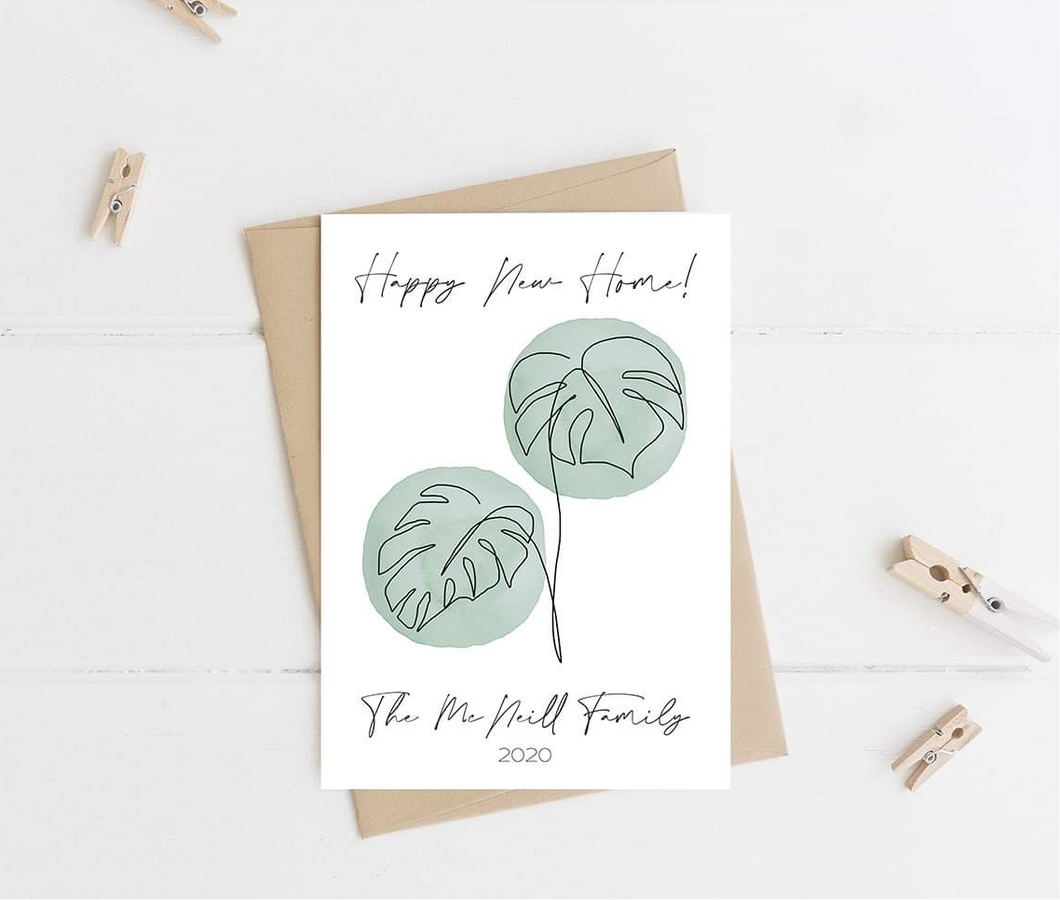 Personalised Modern Monstera Leaves New Home Card